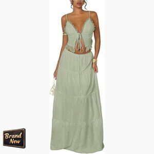 Lace Trim Tie Front Camisole Top Tiered Maxi Skirt Set Two Piece Outfit